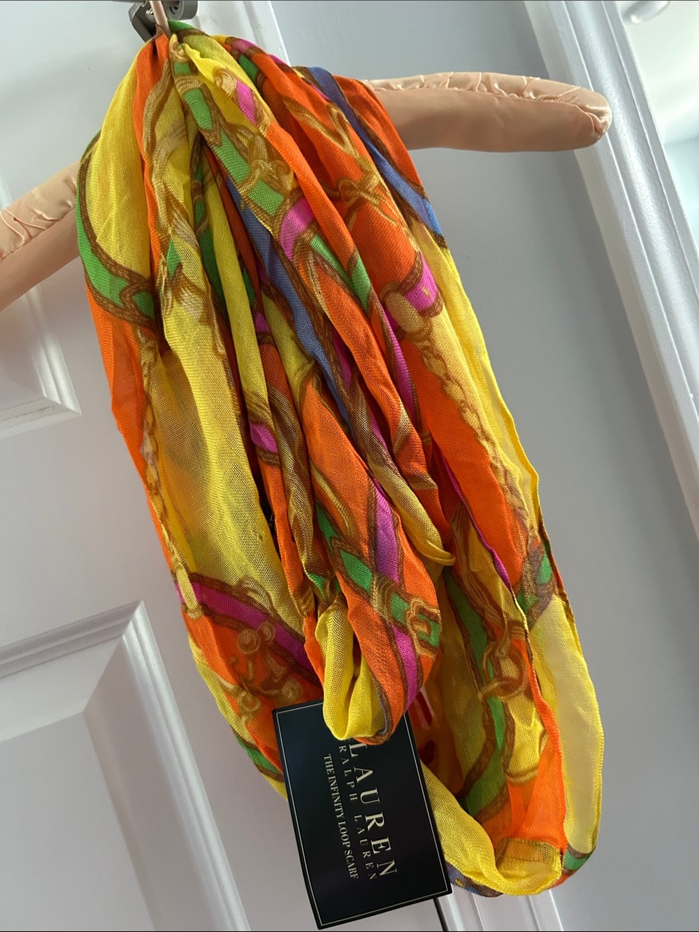 Ralph Lauren Yellow Orange Multicolor Chain-Print Infinity Scarf